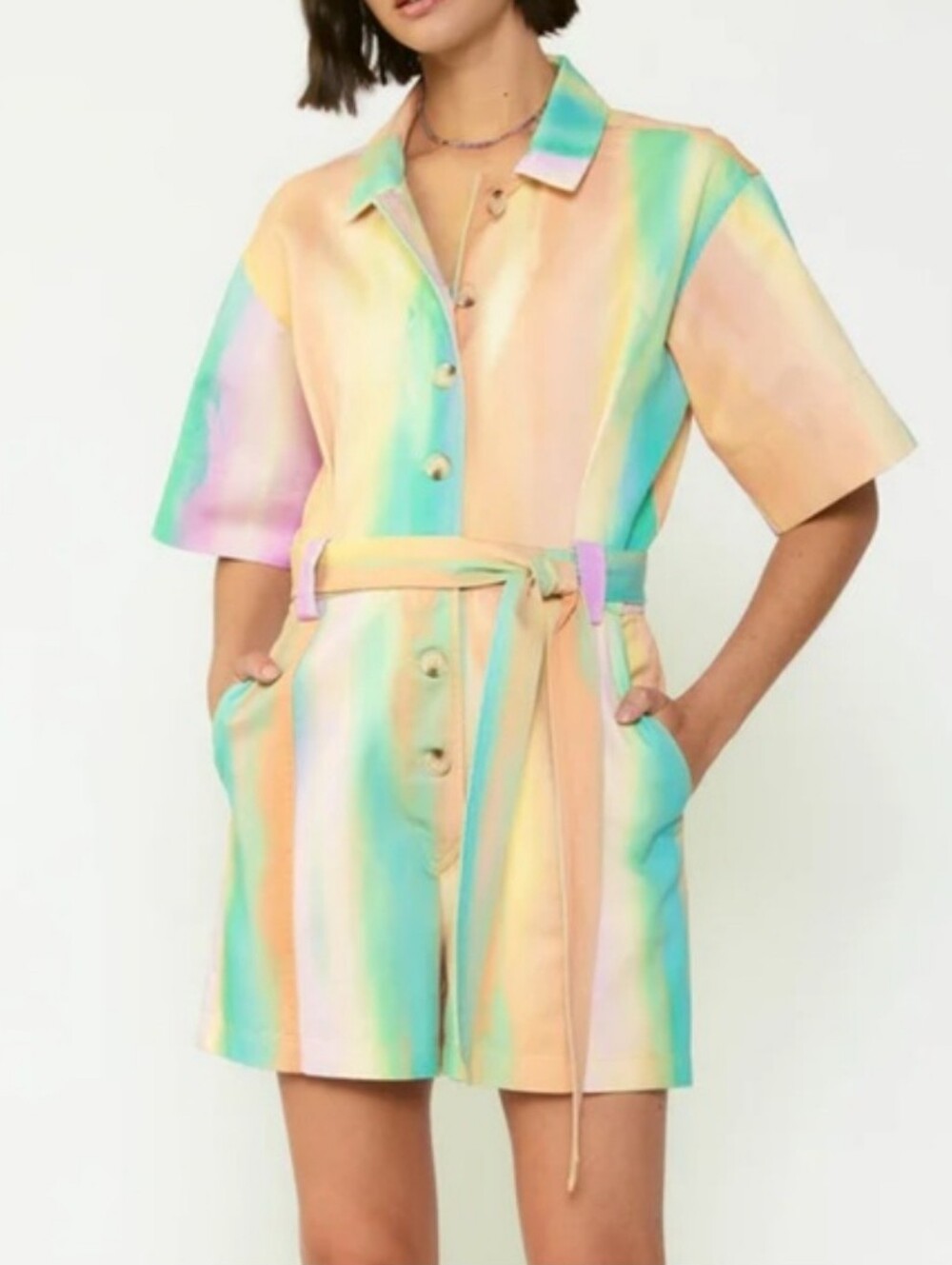 Current Air Painterly Pastel Tie Dye Romper Cotton Xs